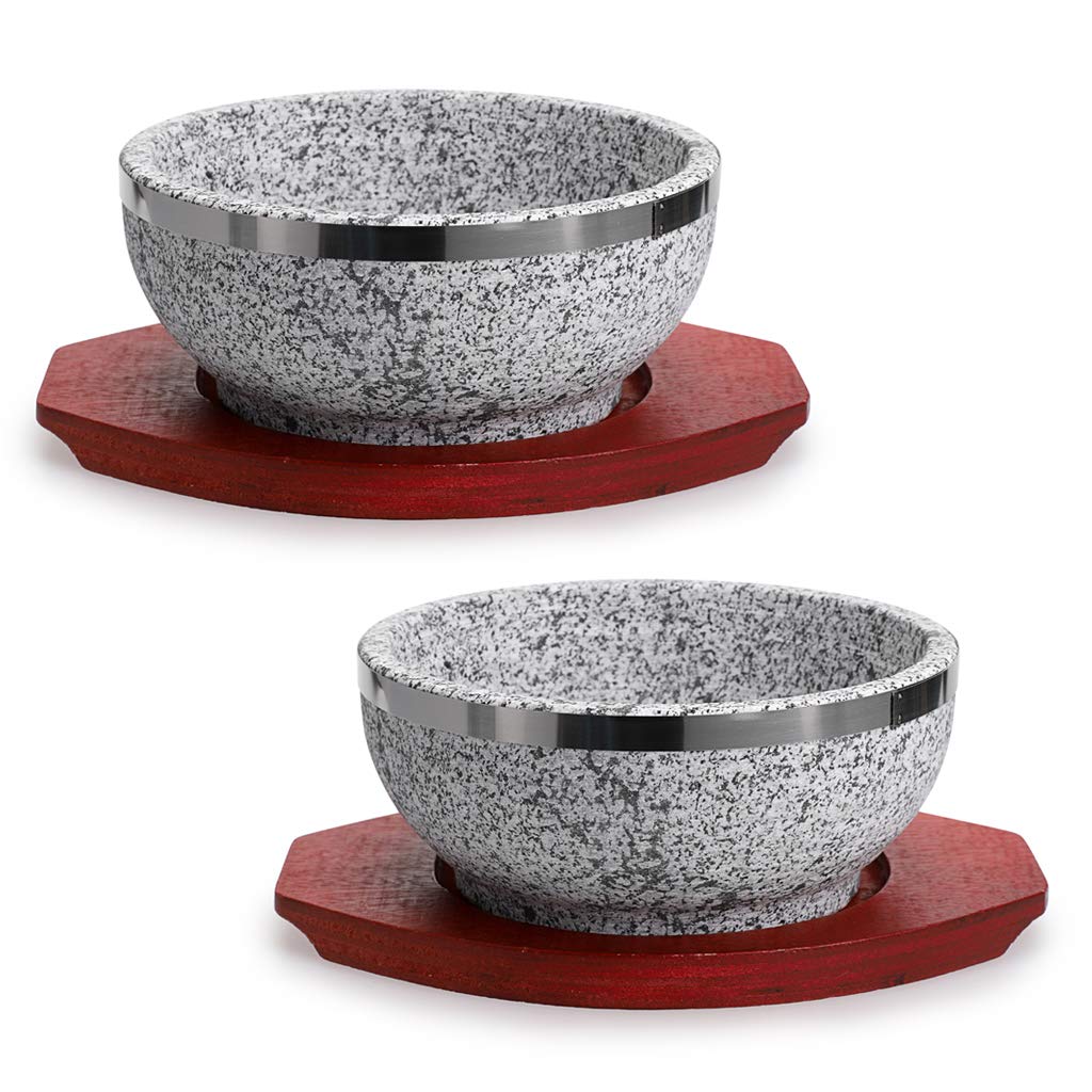 Mdluu 2 Pcs Dolsot Bibimbap Bowl 32 Oz, Granite Stone Bowl With Wood Base, Dolsot Pot For Korean Soup, Rice And Stew