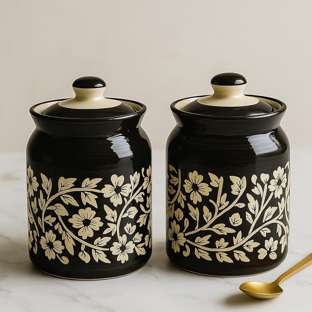 Amazing Ceramic Pickle Jars In 1000Ml (Set Of 2) | Handpainted Floral Pattern 1 Kg Achaar Martban | Ceramic Container Set For Ki