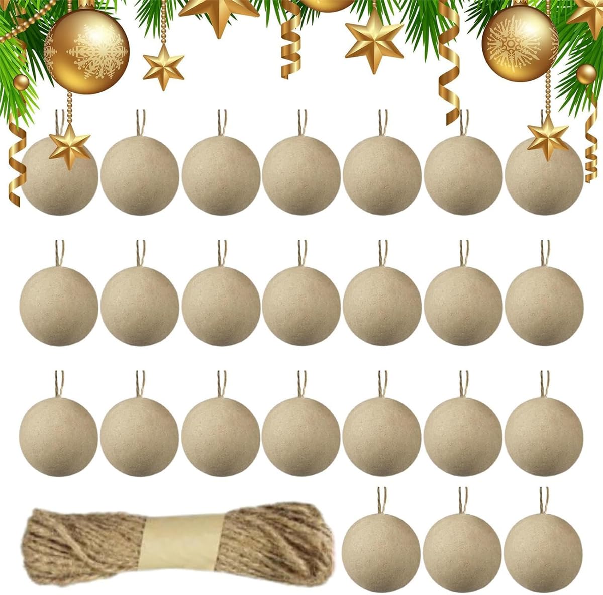 48PCS Paper Mache Christmas Ball Ornaments, DIY Paper Mache Round Ball Ornaments, Unpainted Empty Balls Hanging Ornament to Pain