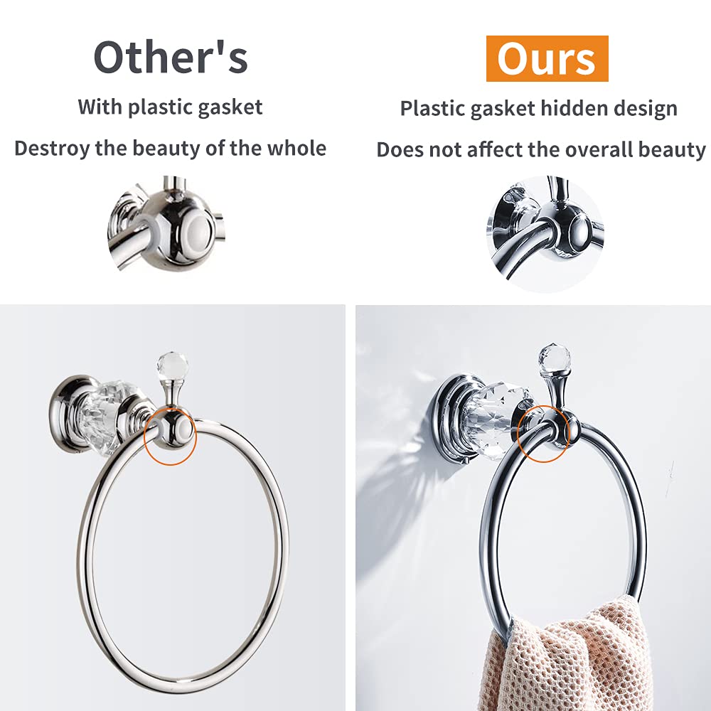 Wolibeer Chrome Towel Ring, Crystal Hand Towel Holder Polished Bath Towel Bar Bling Bathroom Accessories Wall Mounted