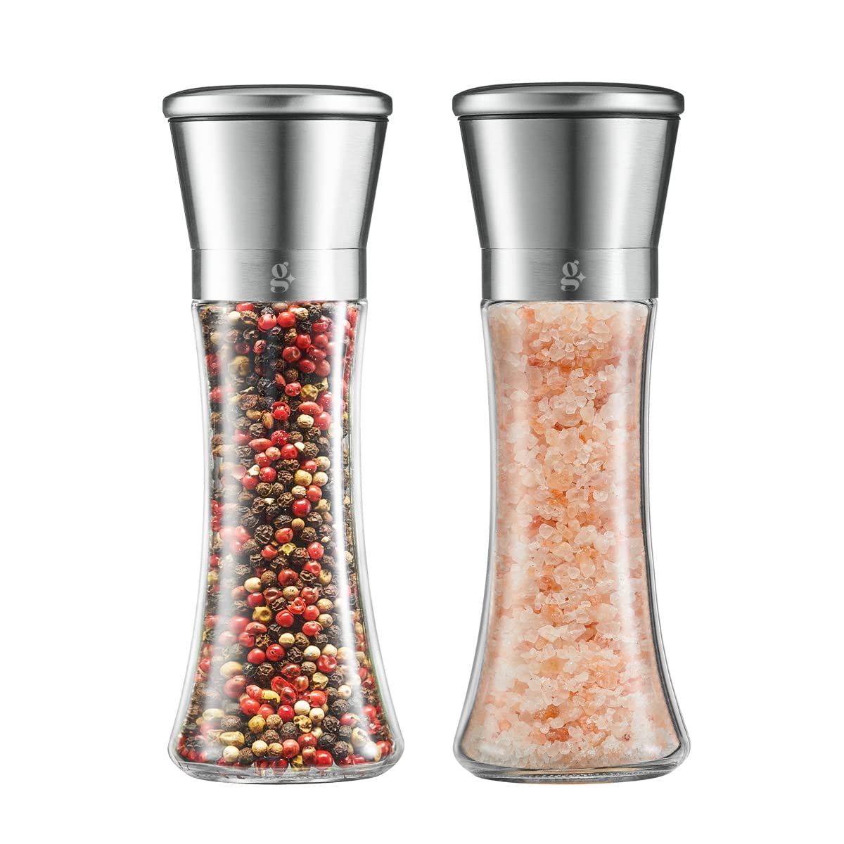 GLING Salt and Pepper Grinder Set  Refillable Sea Salt & Peppercorn Stainless Steel Shakers  Salt and Pepper Mill  7.5 Inch