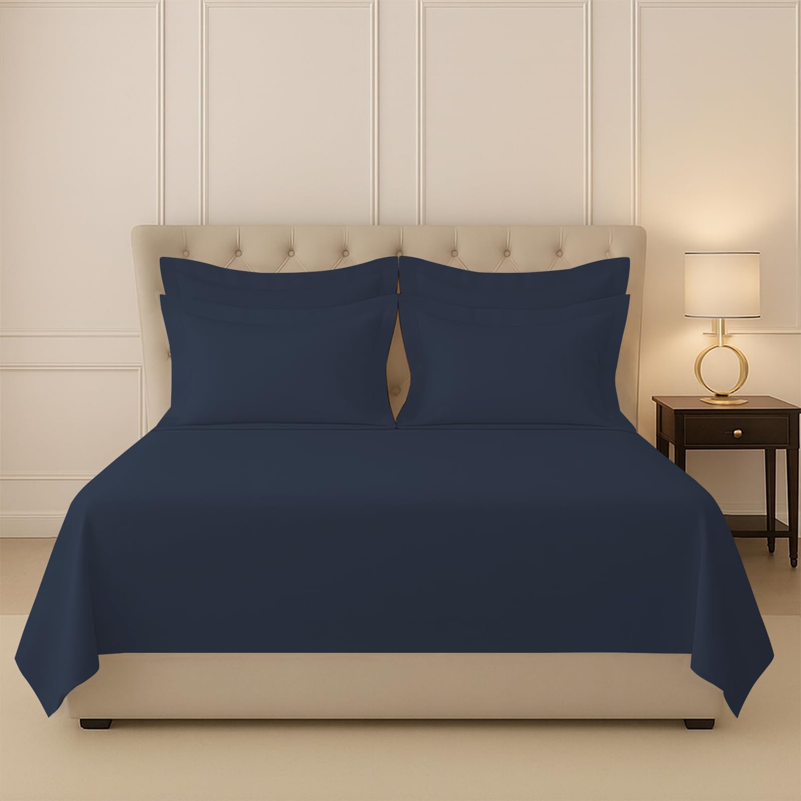 Pizuna 100% Cotton Bedsheet Super King Size Dark Blue, 400 Thread Count Long Staple Combed Cotton Flat Bedsheets 108X108 Inches 