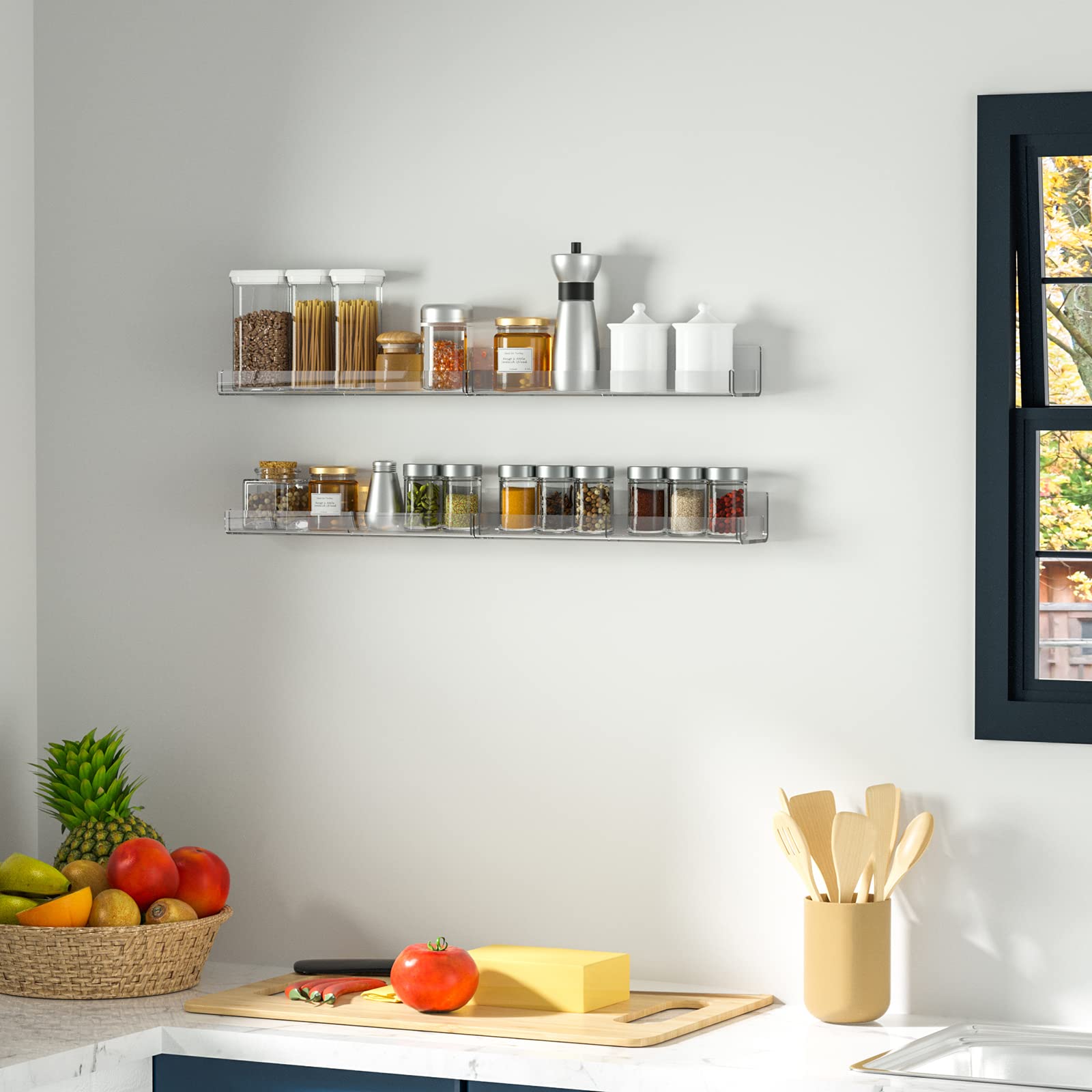 Sezanrpt Acrylic Wall Spice Rack Organizer, Seasoning Rack Shelf Organizer, Clear Wall Mounted Spice Rack Condiment Organizer wi