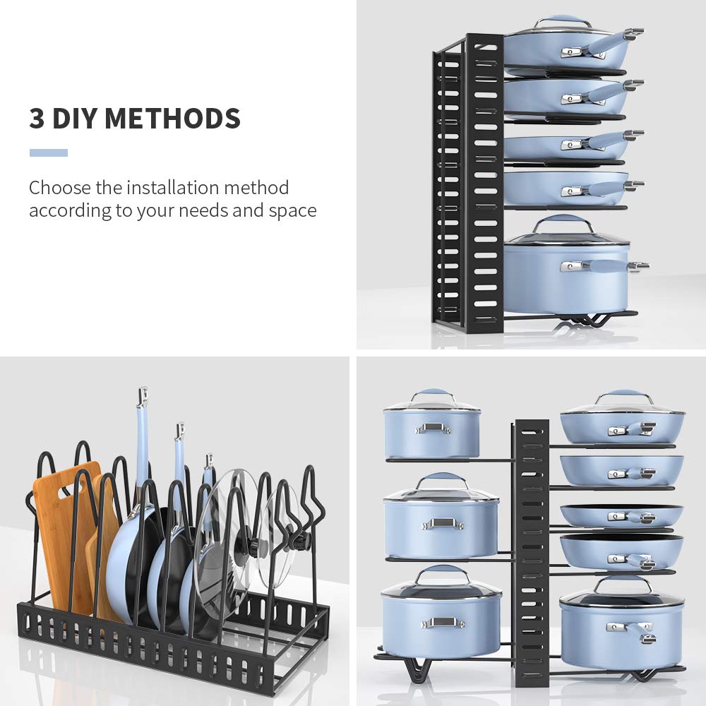 Felibeaco Adjustable Pots And Pans Organizer Rack For Cabinet, Metal Pans Pots Lids Storage Holder Rack With 3 Diy Methods For K