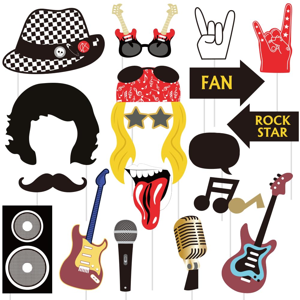 Sunbeauty 18 Pcs Rock And Roll Birthday Party Decorations Music Note Guitar Star Photo Booth Props Music Theme Party Supplies