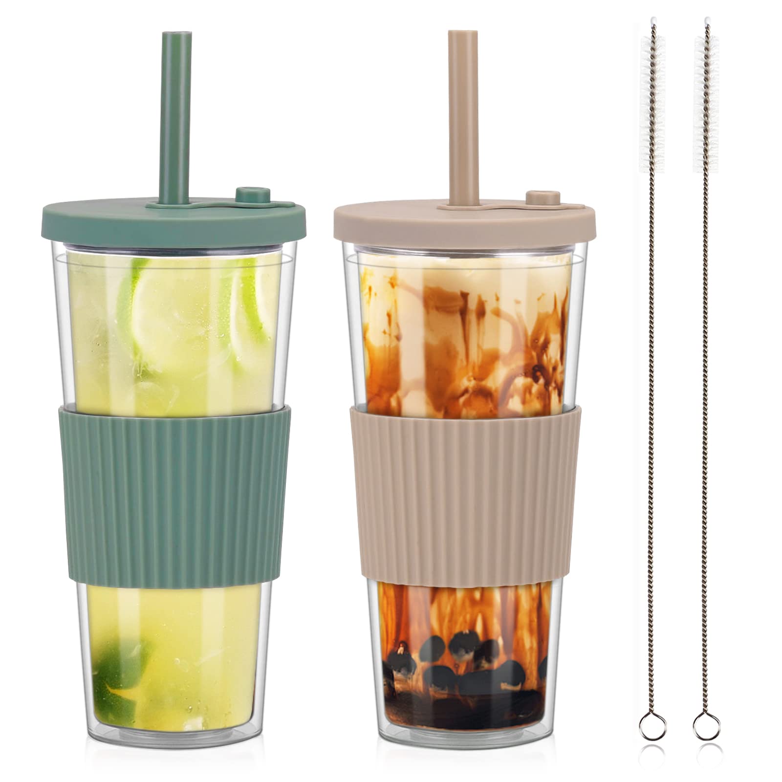 UHAPEER 2 Pack Reusable Boba Tea Cups, 24oz Iced Coffee Cup with Straw and Lid, Leakproof Clear Plastic Cups Tumbler, Double Wal