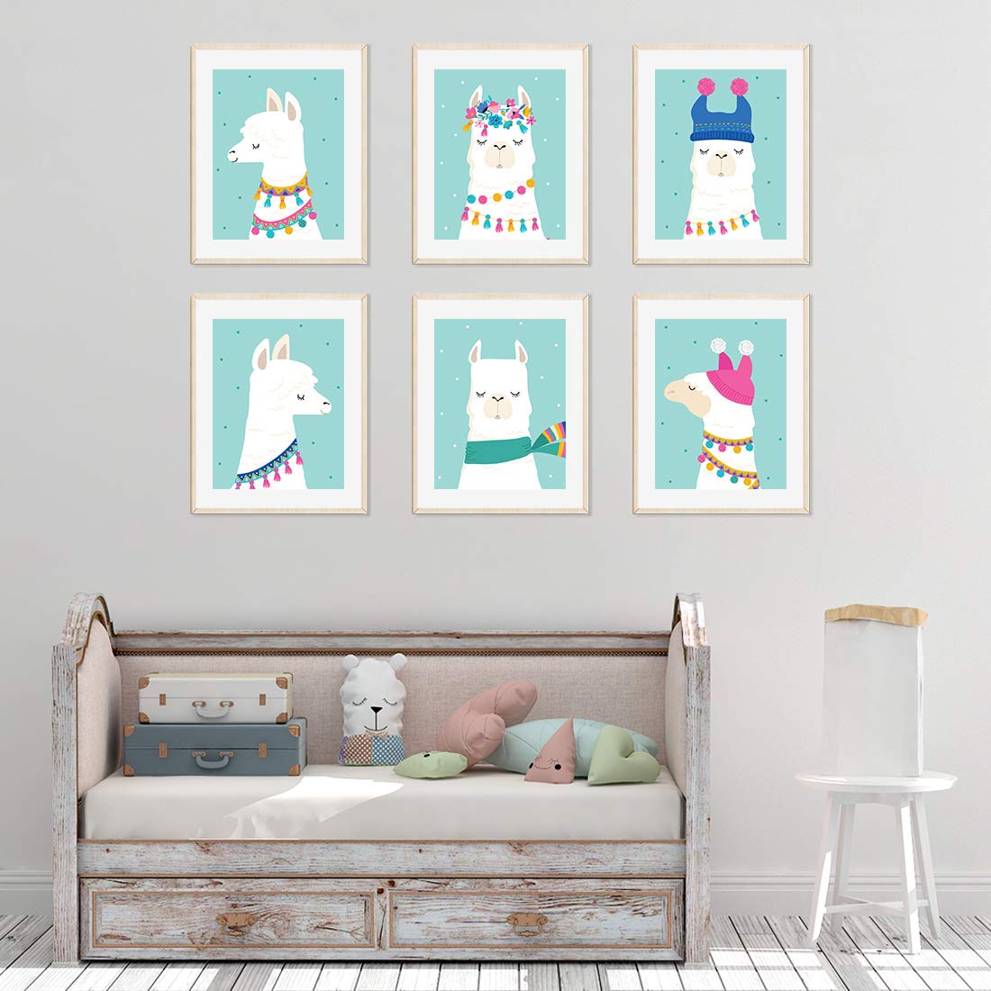 Andaz Press Llama Theme Nursery Kids Room Unframed Hanging Wall Art Poster Home Decor, 8.5X11-Inch, Aqua, Llama Head Family Grap