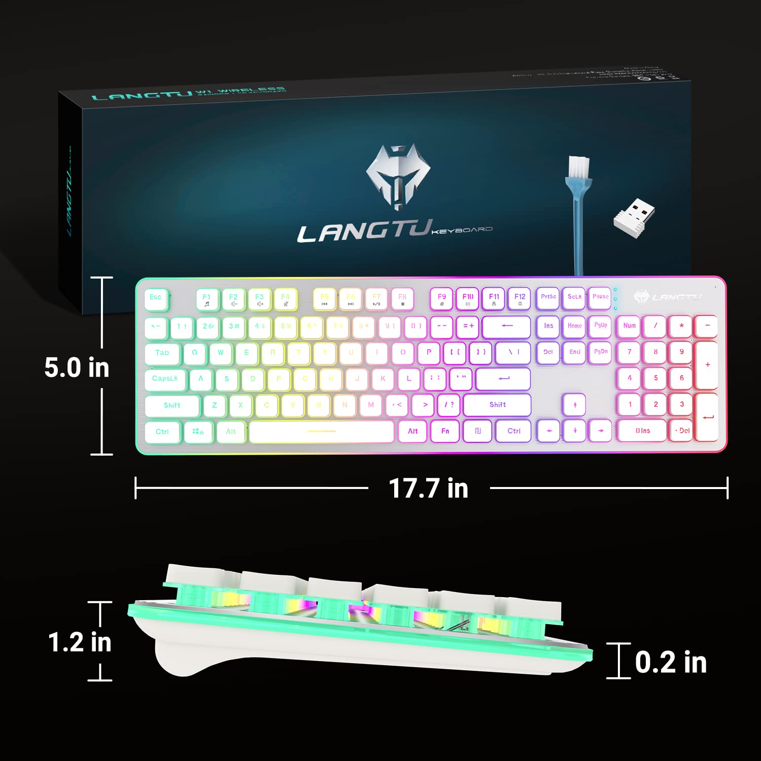 Langtu W1 Wireless Gaming Keyboard, Rechargeable 24G Rainbow Backlit Led Keyboard With Metal Panel, 104 Keys Wireless Computer K