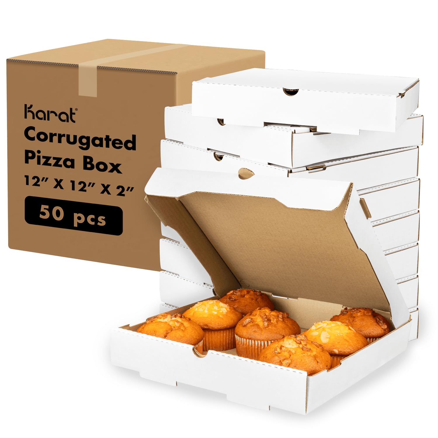 Karat Pizza Boxes 12 x 12 x 2 [50 Pack] White Corrugated Boxes | Ventilated, Grease-Resistant, Durable for Pizza or Shipping Use