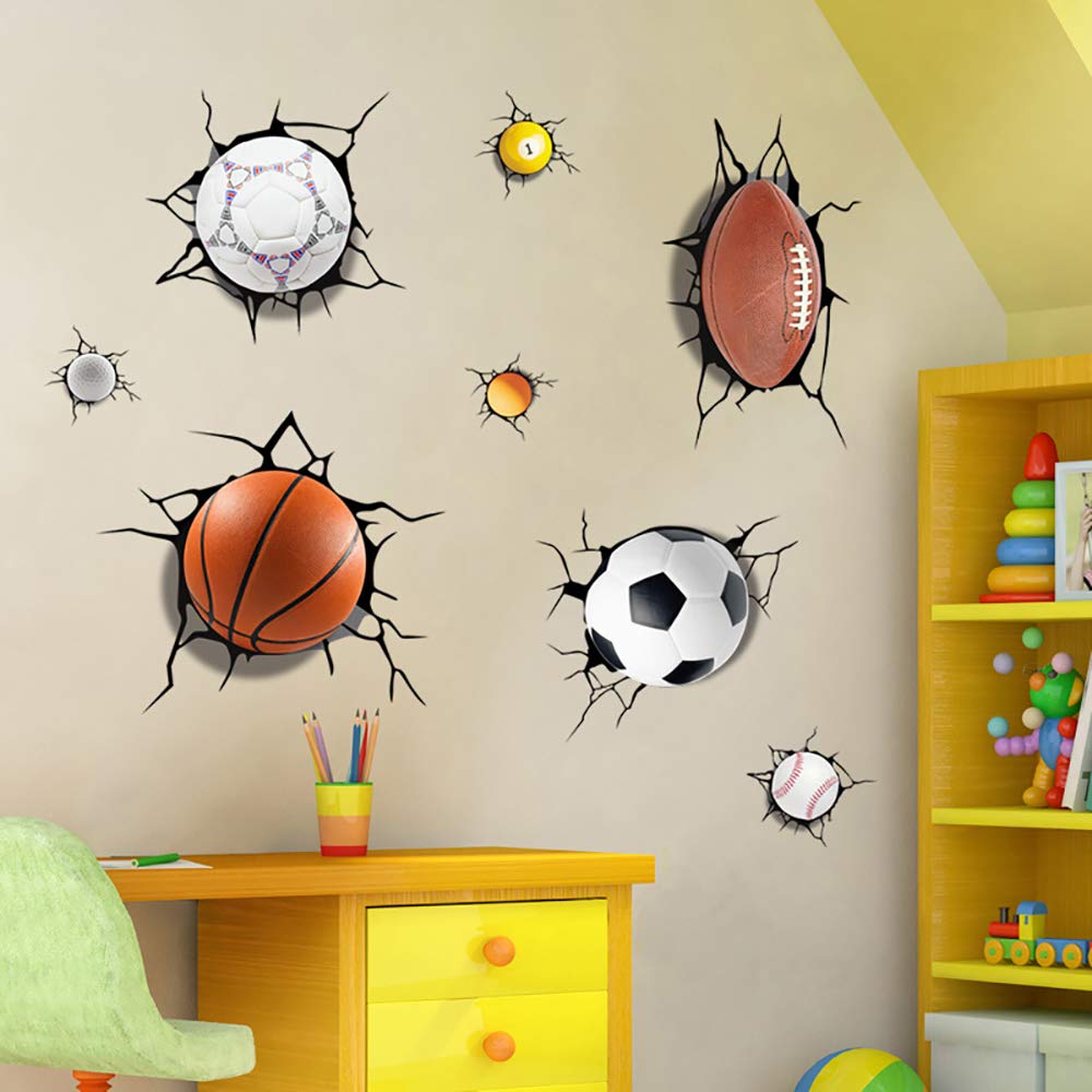 Supzone Sport Balls Wall Decals 3D Wall Stickers Break Through The Wall Removable Vinyl Diy Basketball Rugby Baseball Football W