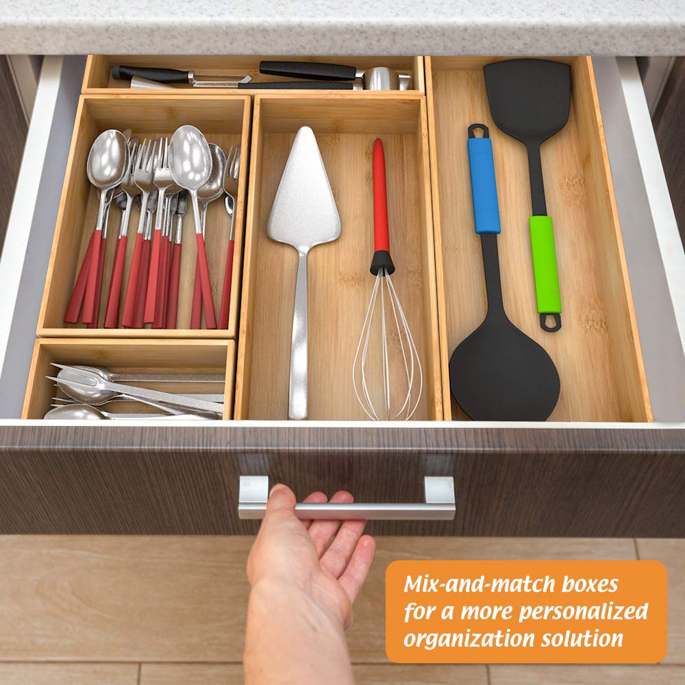 Bamboo Kitchen Drawer Organizer, Wooden Storage Box For Utensil Organizer Silverware Tray Cutlery Holder Flatware Containers - M
