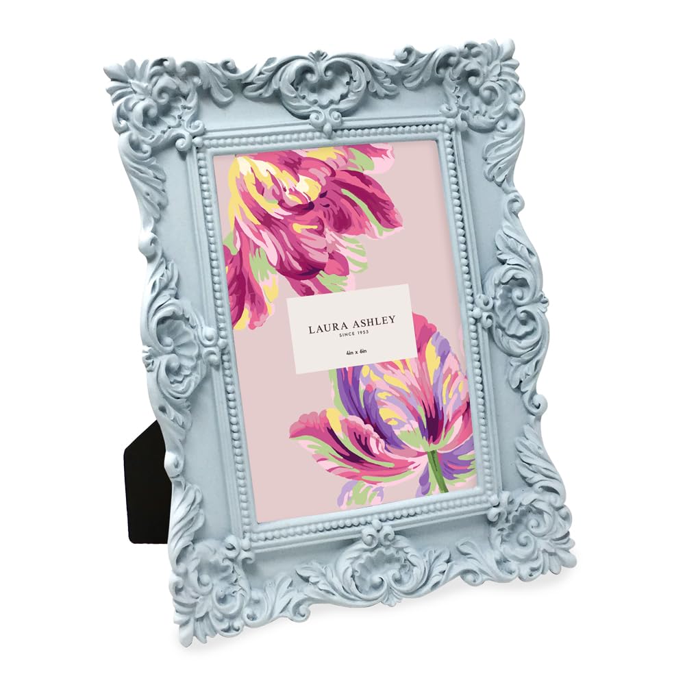Laura Ashley 4x6 Powder Blue Ornate Textured Hand-Crafted Resin Picture Frame w/Easel & Hook for Tabletop & Wall Display, Decora