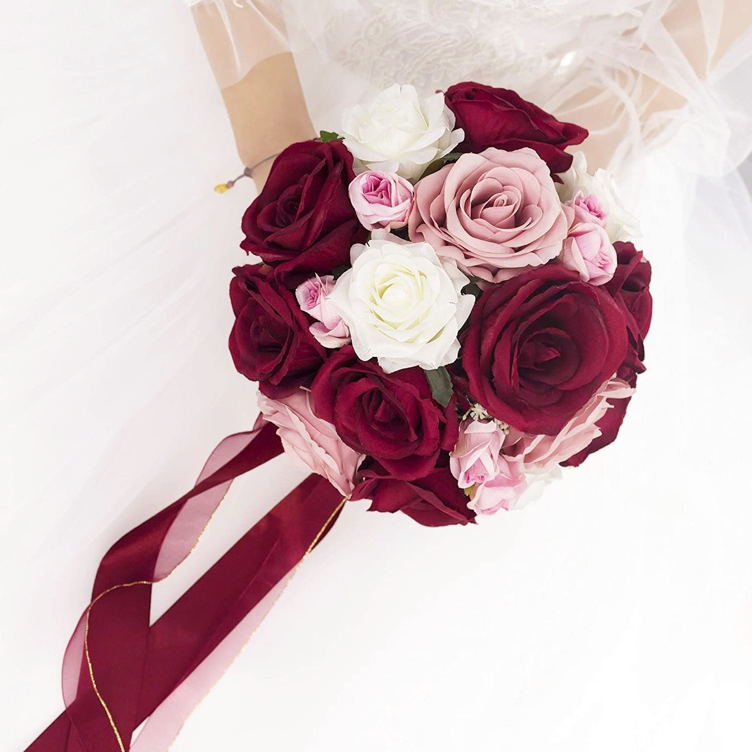 Abbie Home 9 inches Burgundy & Dusty Rose Bouquet-Blush Pink White Blooming Rose Real Touch Bridal Wedding Flowers
