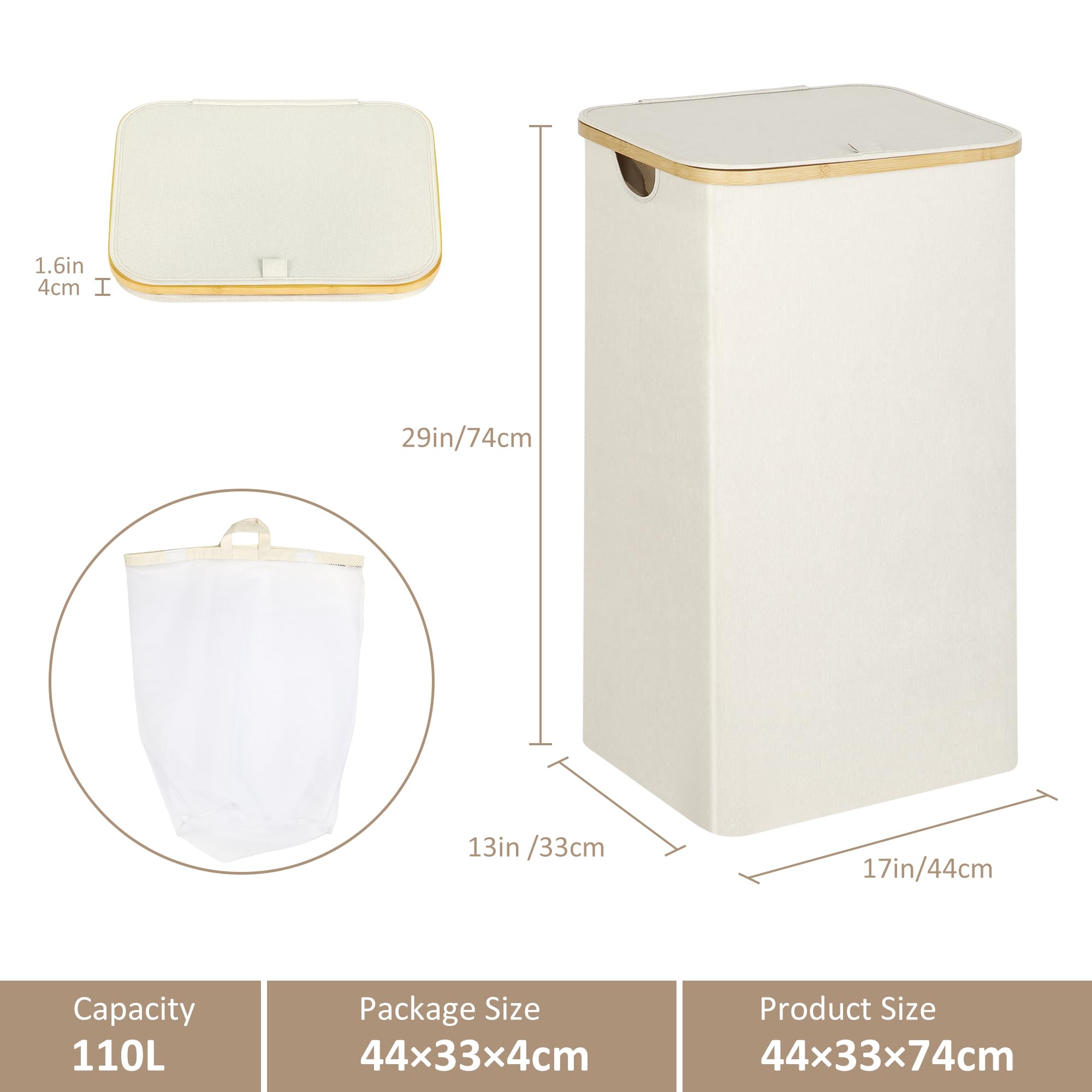 Iegrow Laundry Basket With Lid 110L, Laundry Hamper With Removable Inner Bag And Bamboo Handles, Large Collapsible Washing Baske