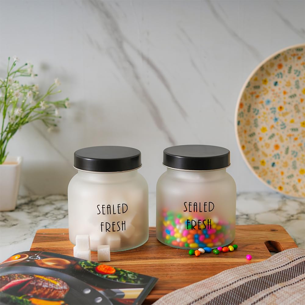 Femora Frost Round Glass Jars For Kitchen| 700Ml |Set Of 2| Kitchen Storage Jars| Stainless Steel Airtight Lids | 1 Year Warrant