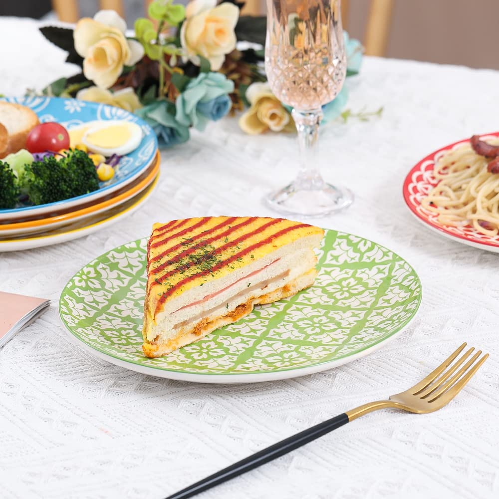 Plate Set 8 Inch - Salad Plates | Dessert Appetizer Plates Colorful - Porcelain Lunch Plates - Set of 6 - Dishwasher and Microwave Safe