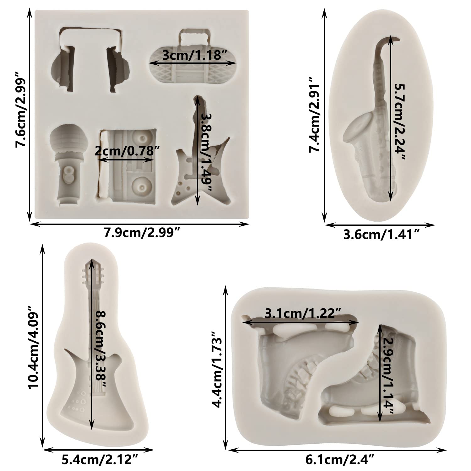 Sijiangmold Ice Skates Fondant Molds Boombox Microphone Radio Guitar Saxophone Silicone Mold For Disco Party Cake Decorating Cup