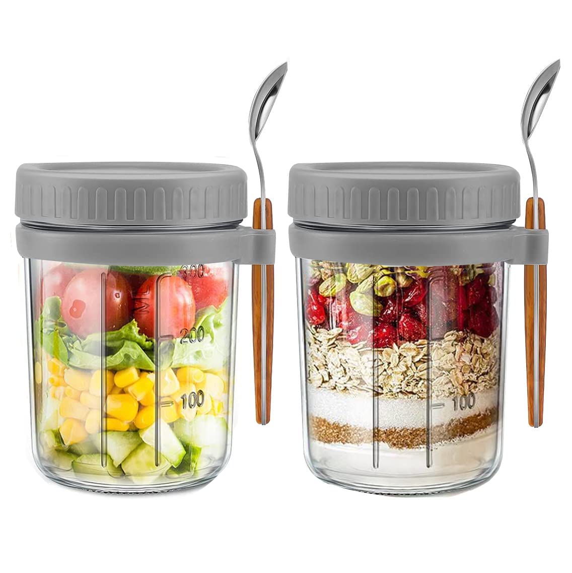 Cghwbea Overnight Oats Container  Yogurt Oatmeal Glass Canning With Lids And Spoon, 10 Oz Cereals, Milk, Fruit Salad, With Meas