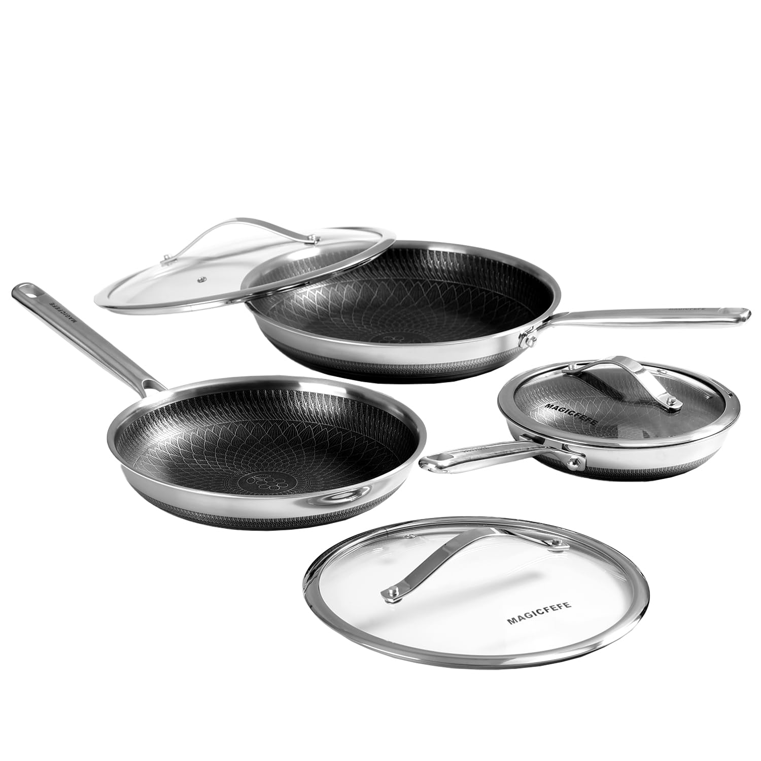 MAGICFEFE 8/10/12 Inch 3Piece Honeycomb Skillet Set with Glass Lids, Stainless Steel Nonstick Pans, StayCool Handles, PFOA PFO