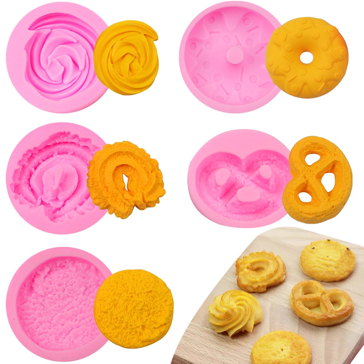 Kuuguu 5 Pcs Donut Fondant Molds Non-Stick Dishwasher Safe Heat Resistant For Impression Mats Baroque Fondant Chocolate Ice Cube