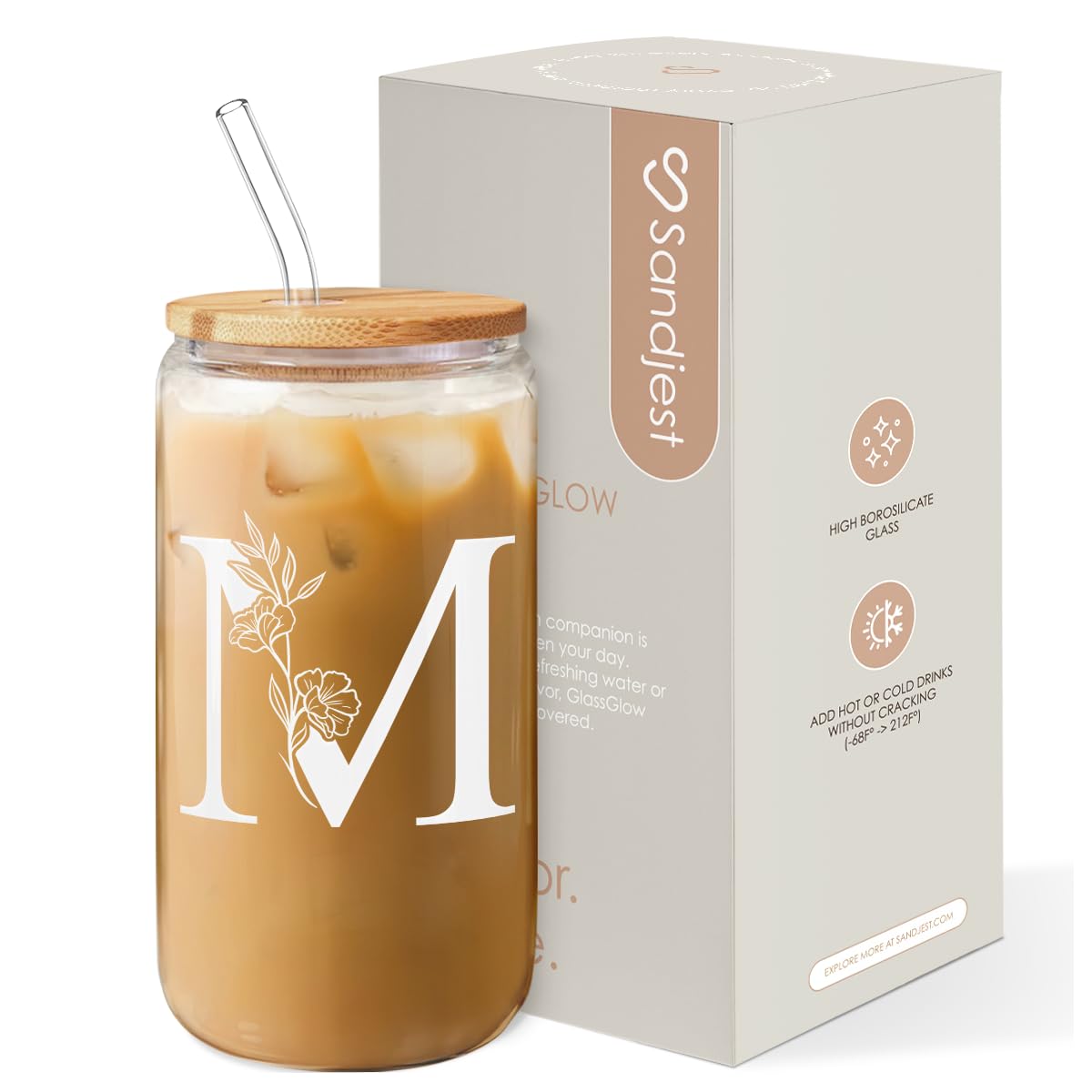 SANDJEST Monogrammed Gifts for Women - Monogram M Initial Glass Cup 16 Oz Can Coffee Cups with Lid and Straw - Monogram Initials
