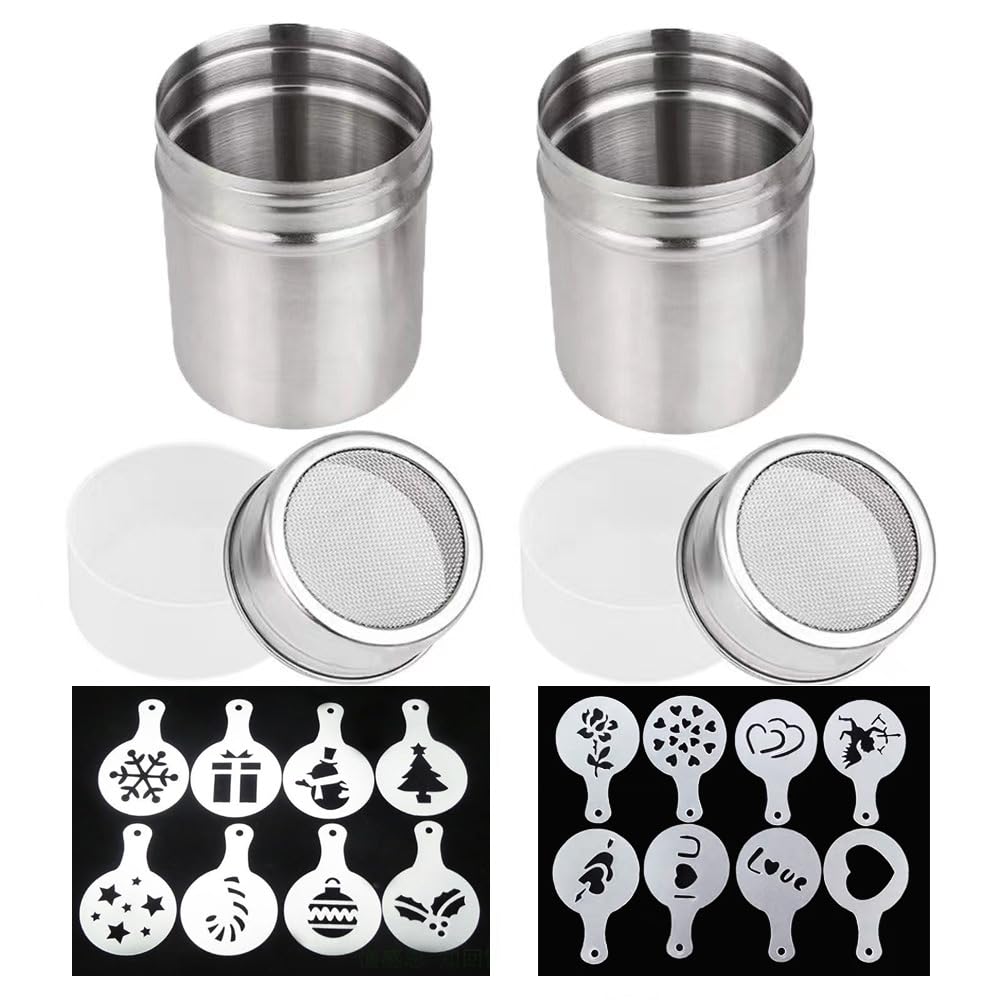 2 Pcs 10Oz Stainless Steel Powder Shakers, Tunan Coffee Cocoa Cinnamon Dredges With Fine-Mesh Lid, Sugar Spice Seasoning Cans Fo