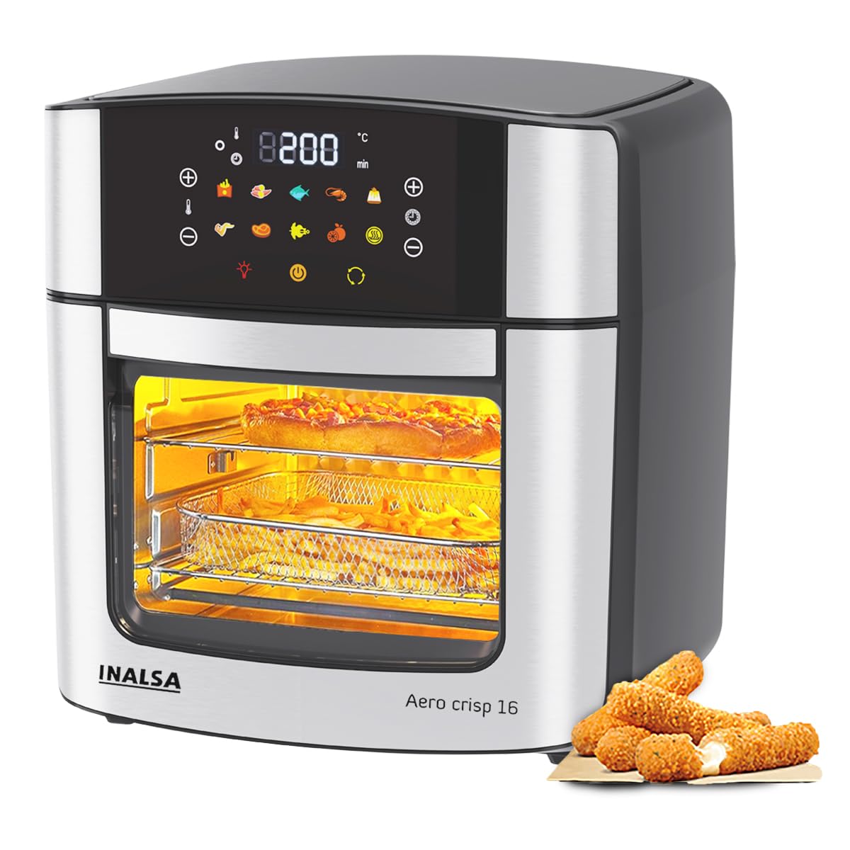 Inalsa Air Fryer Oven|16L, 1800W|Stainless Steel Body12-In-1 Functions,Fry,Bake,Grill,Dehydrate,Roast& Reheat|10 Preset|Rotisser