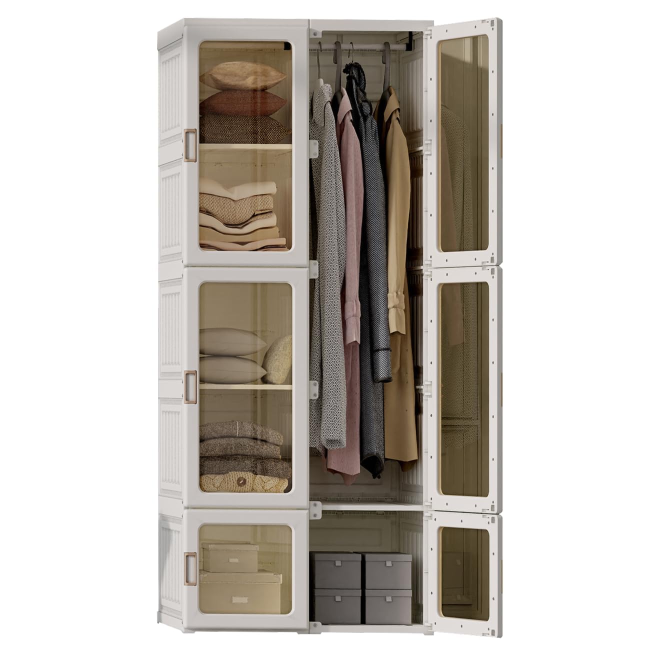 Antbox Foldable Plastic Wardrobe Organizer | Collapsible Wardrobe For Clothes With 6 Doors, 6 Compartments, And 1 Hanger Rod | P