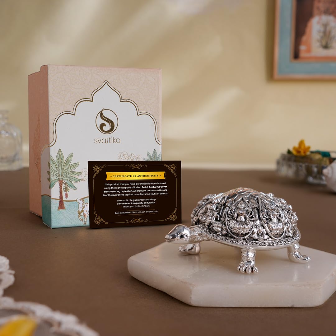 Svastika Silver-Plated Ashtalakshmi Kurma Tortoise | 3.5 Inch Vastu Idol With 8 Lakshmi Avatars For Wealth & Prosperity | Spirit