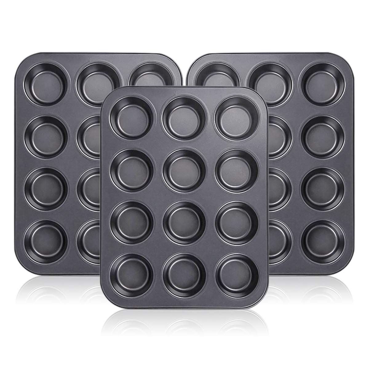 Kingrol 12-Cup Muffin & Cupcake Pans, Set Of 3 Baking Pans, Non-Stick Bakeware, 1.1'' Deep