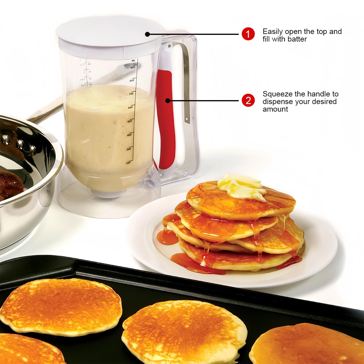 Pancake Batter Dispenser With Squeeze Handle For Precise Portion Control, Clear Measuring 4 Cup Batter Separator For Cookie Cake