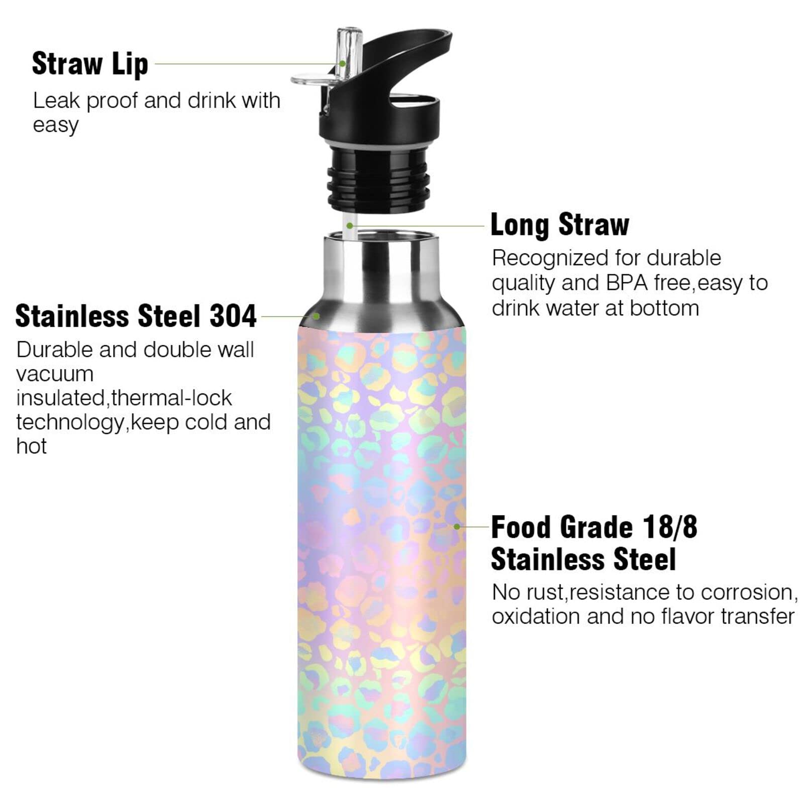 Alaza Leopard Print Cheetah Rainbow Gradient Water Bottle With Straw Lid Vacuum Insulated Stainless Steel Thermo Flask Water Bot