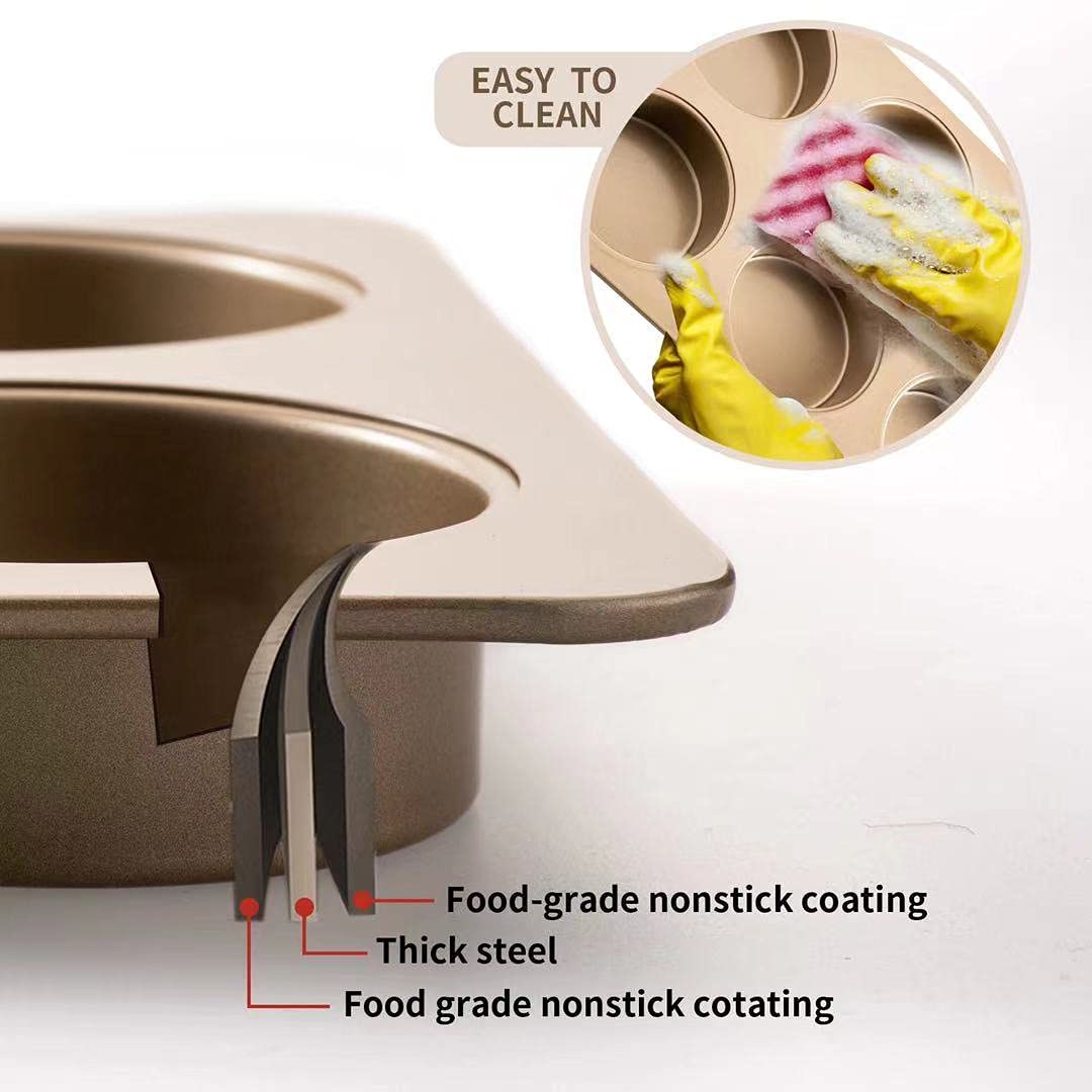 Yomvzake Nonstick Hamburger Bun Pan, 4 Inch Carbon Steel, Gold for Baking Buns, Muffins, and Pies