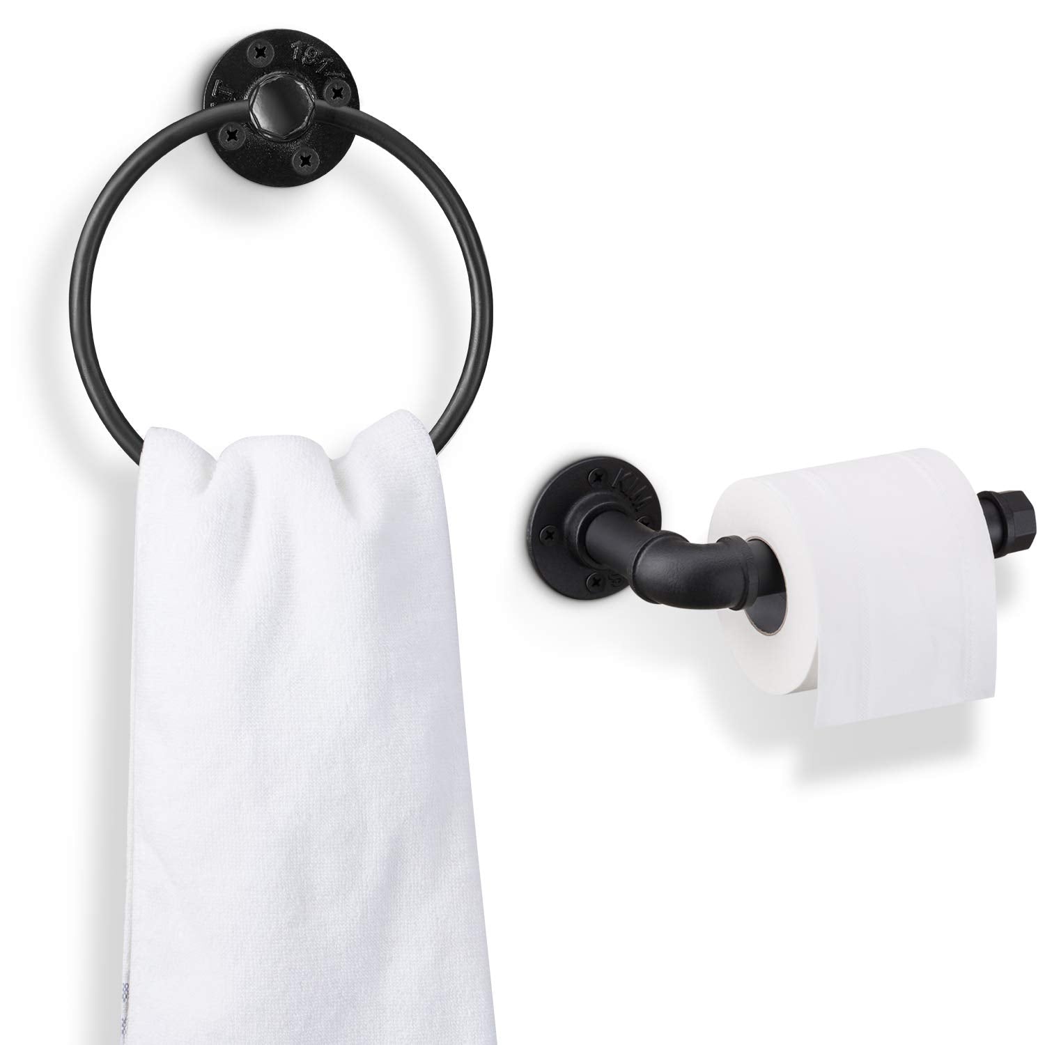 Industrial Black Toilet Paper Holder and Towel Ring  Bathroom Hardware Set  Wall Mounted Hardware Accessories  Includes Pipe Towel Rack Towel Ring  Matte Black Iron Finish for Bathroom 2PCS