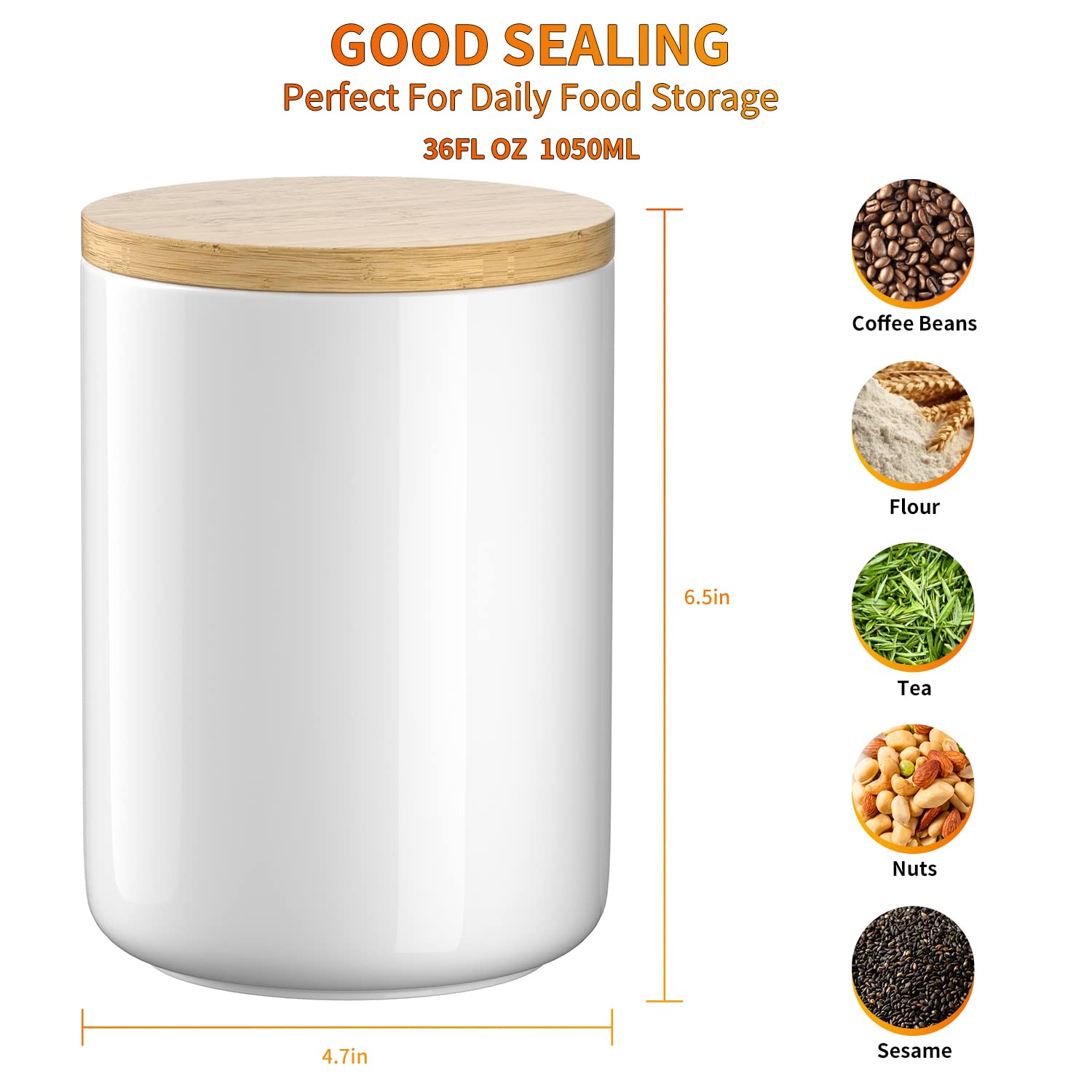 White Ceramic 1050Ml 4 Cup Food Storage Jar Canister With Airtight Bamboo Lid And Silicone Seal Container For Counter - Great Fo