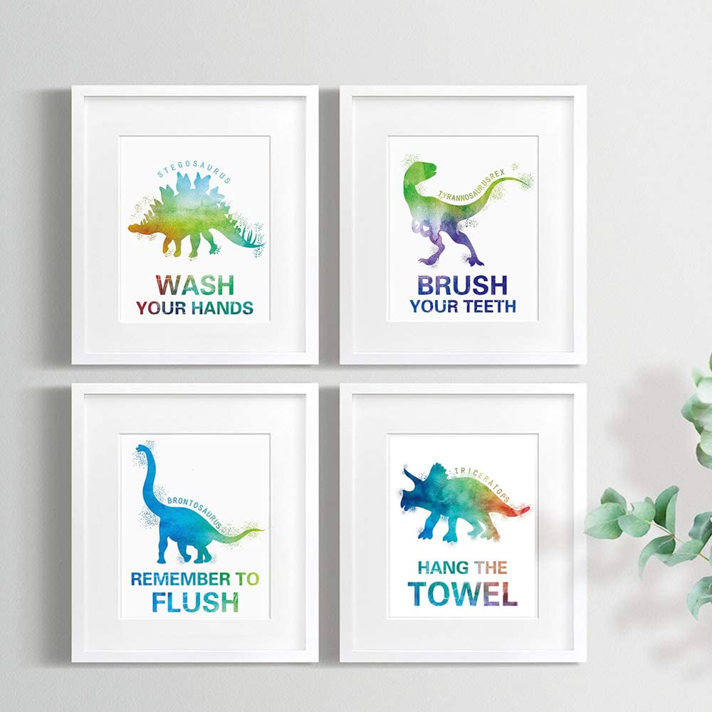 Mimeile Bathroom Wall Cute Dinosaur Art Prints Set Of 4 (8   X10   ), Watercolor Animal Art Posters Quotes Wash Flush Brush Bath