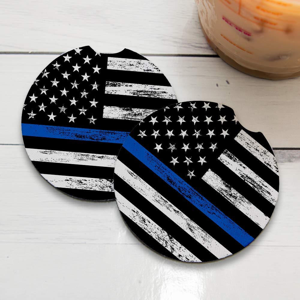 Thin Blue Line  Car Coasters for drinks Set of 2  Perfect Car Accessories with absorbent coasters. Car Coaster measures 2.56 inches with rubber backing.