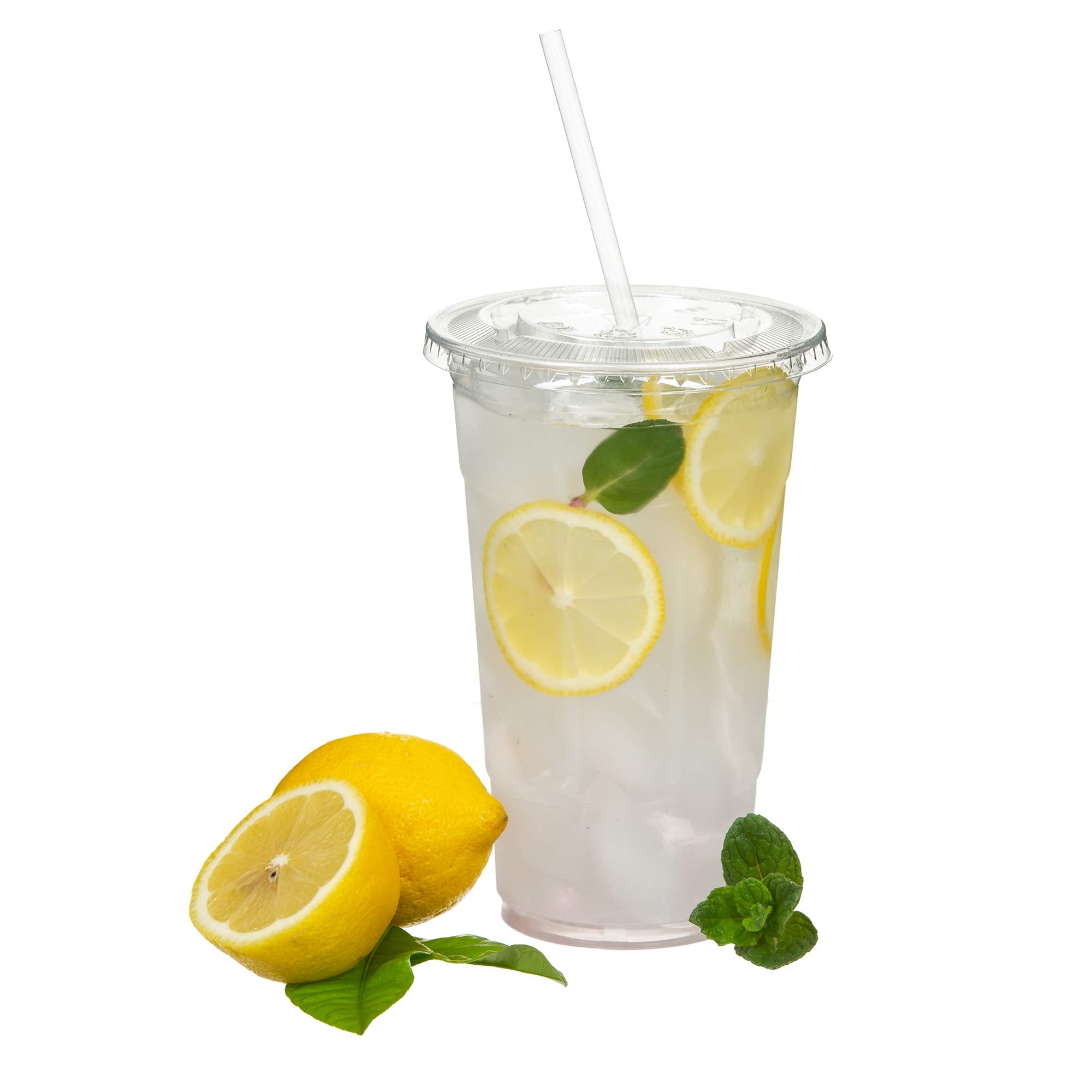 Quiddity Ware 100 Sets (16Oz) Disposable Crystal Clear Plastic Cups With Flat Lids And Straws