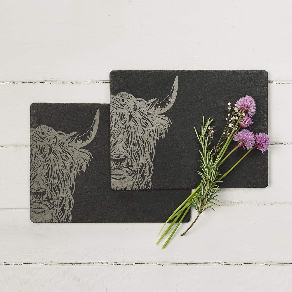 Just Slate Highland Cow Place Mats (X2), Black, 11Cm X 11Cm