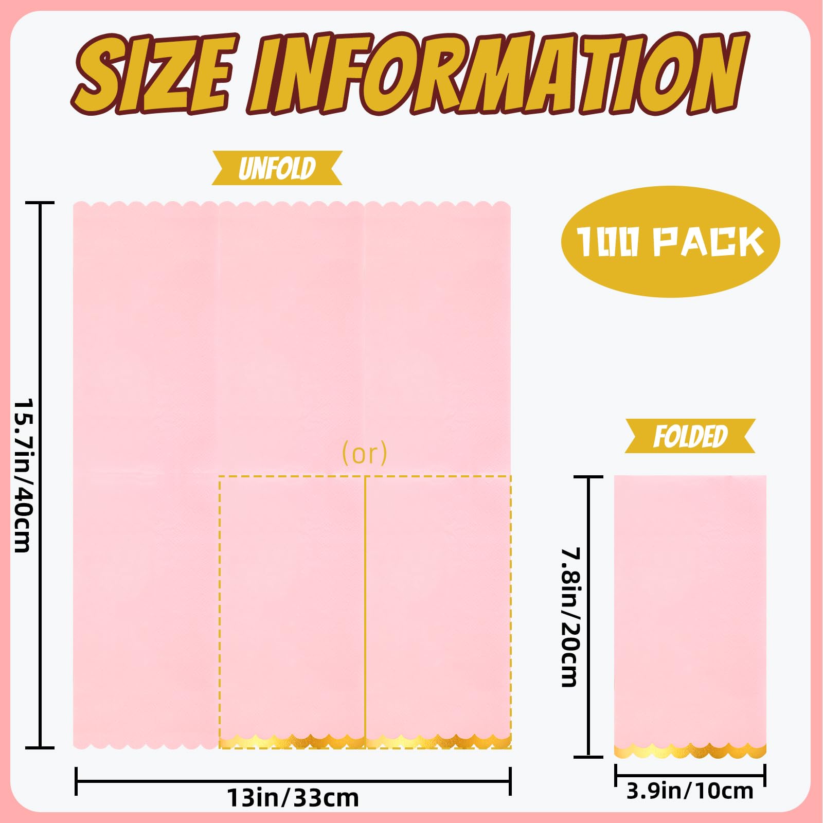100 Pcs Pink Paper Napkins Disposable, Pink And Gold Party Napkins Pink Scalloped Dinner Napkins For Birthday Wedding Bridal & B