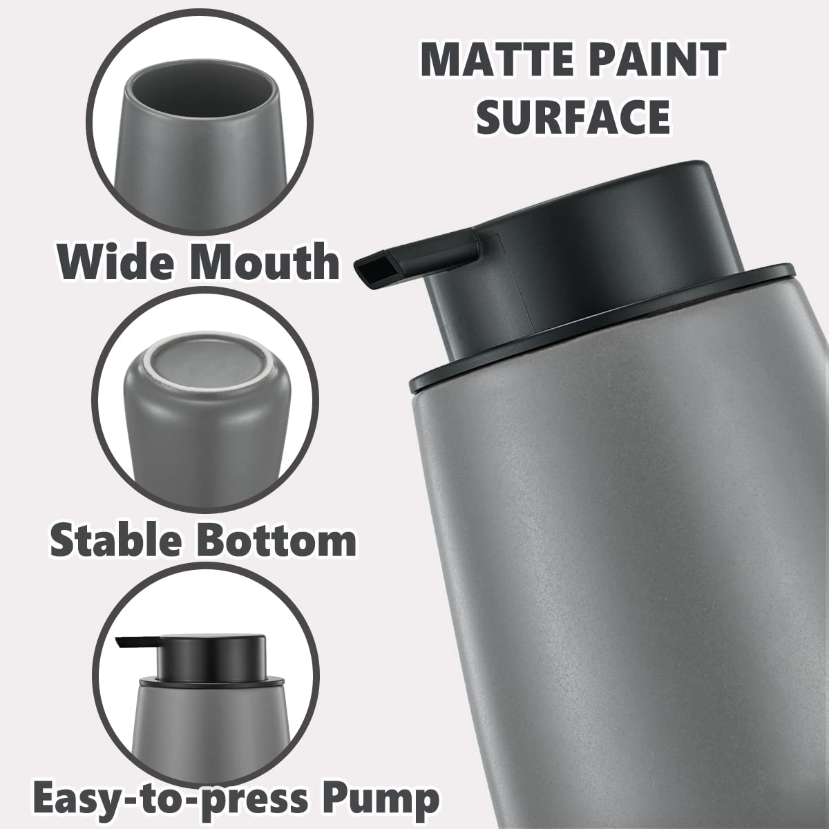 12Oz Grey Hand Soap Dispenser - Modern Ceramic Lotion Soap Dispenser With Easy-To-Press Black Pump, Reusable And Refillable Liqu