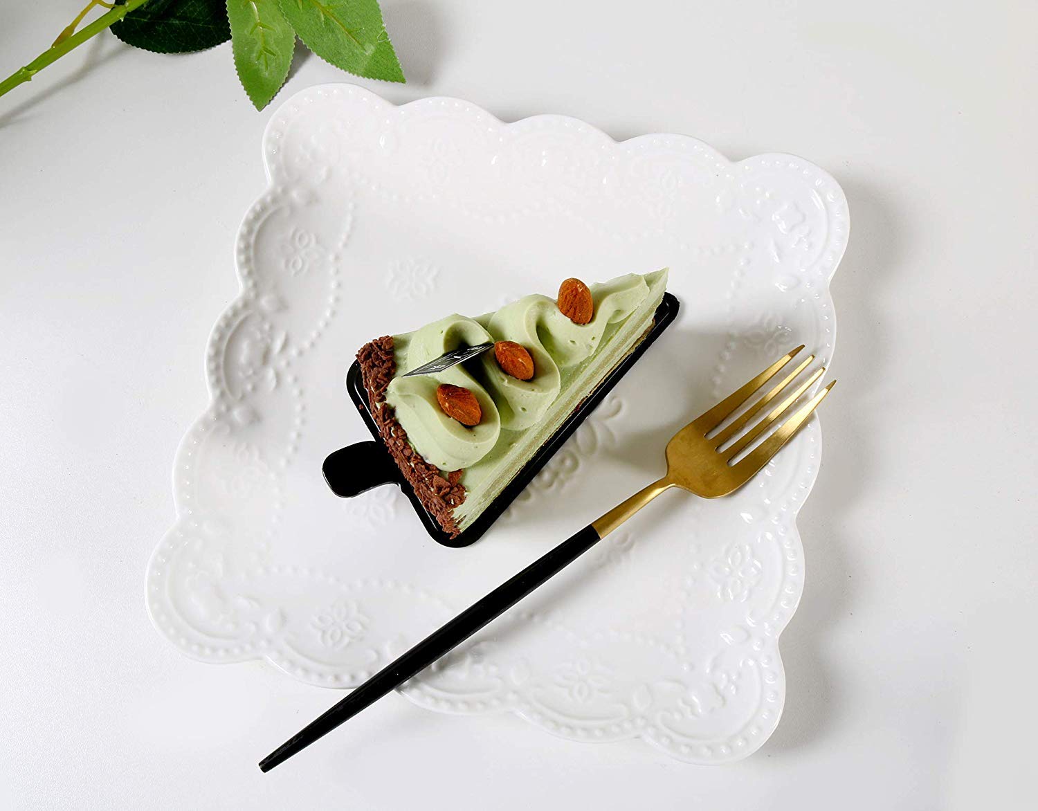 Eplze Ybk Tech Elegant Square Embossed Lace Plate Bone China Dessert Plate Ceramic Plate For Breakfast Afternoon Tea (White, 6-I