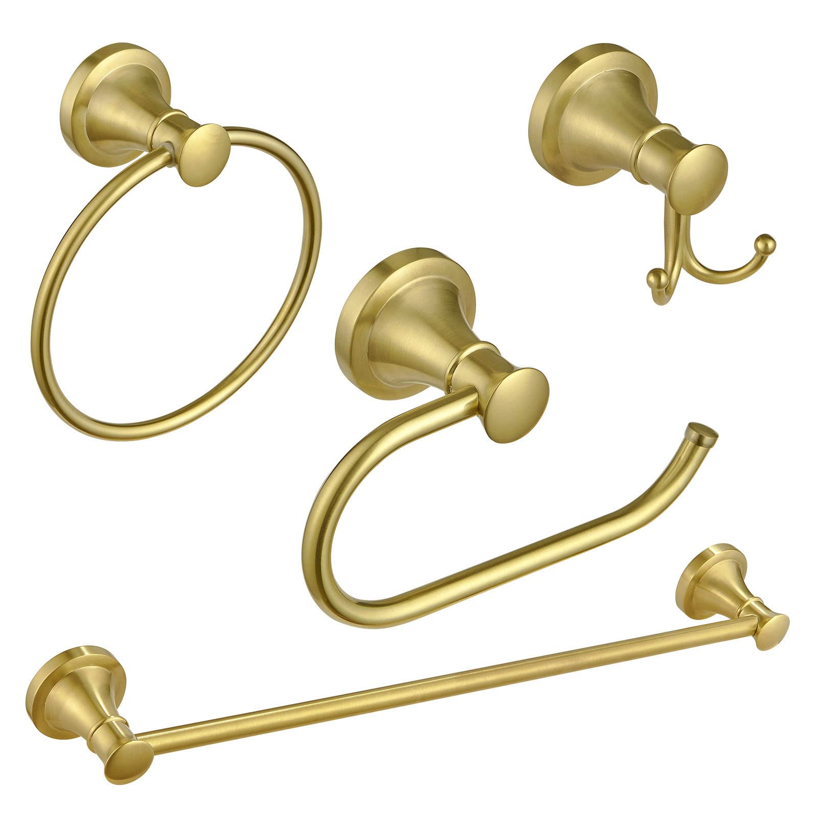Besy Brushed Gold 4 Piece Bathroom Accessories Set (Single Towel Bar, Towel Ring, Toilet Paper Holder, Double Towel Hooks), Wall