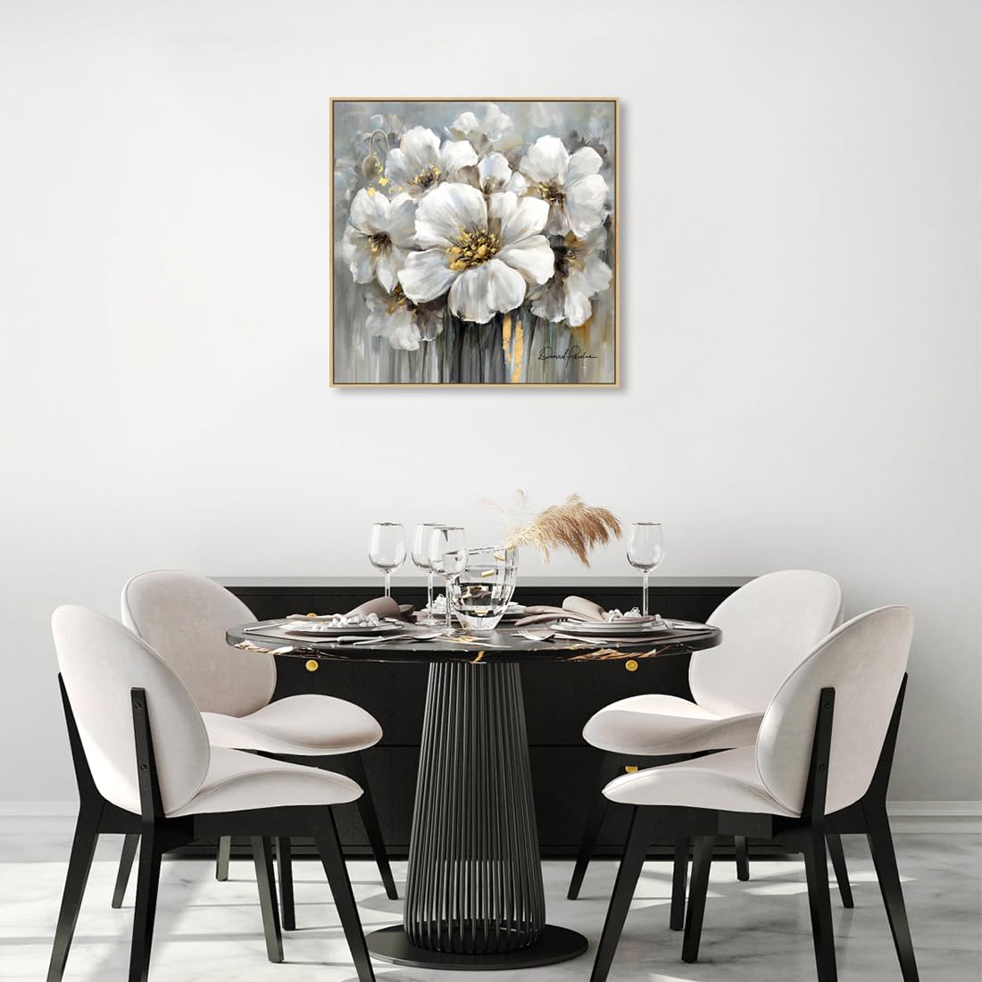 Living Room Flowers Wall Art White And Gray Floral Pictures With Gold On Canvas For Home Decor Framed 24X24, Solid Wood Frame