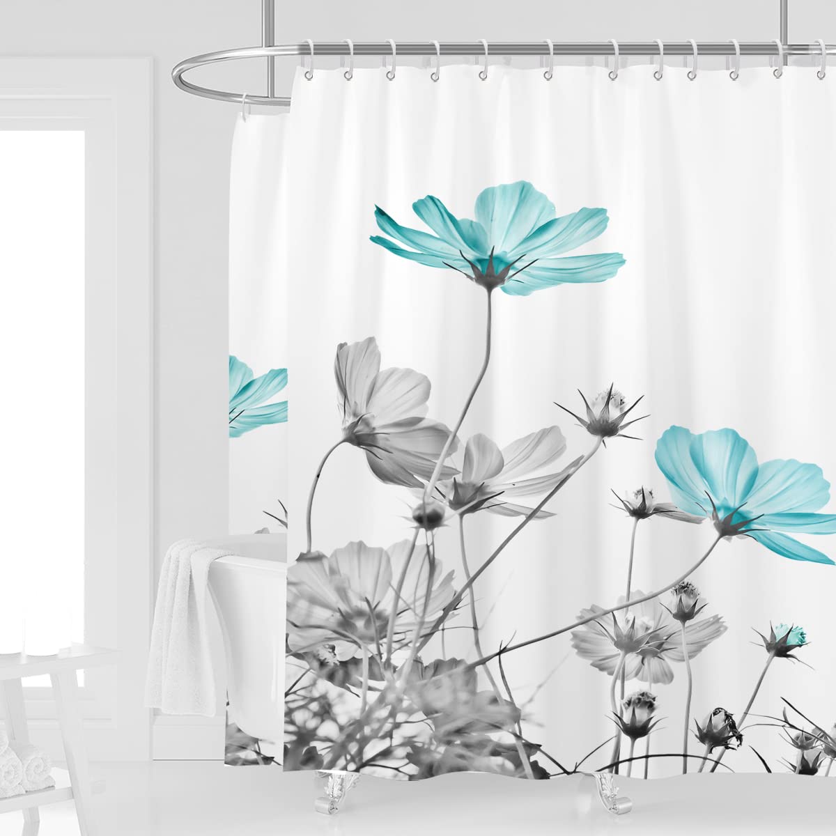 Kikiry Extra Wide Shower Curtain 108''W X 72''L Clawfoot Tub Wrap Around Teal Gray Daisy Floral Elegant Flower Wildflower Bathro