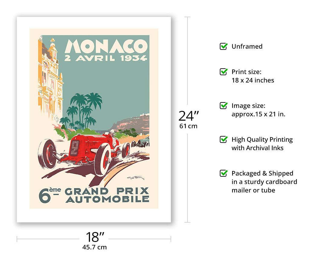 6th Monaco Grand Prix 1934 - Formula One - Vintage Car Racing Poster by G?o Ham (Georges Hamel) - Fine Art Matte Paper Print (Unframed) 18x24in