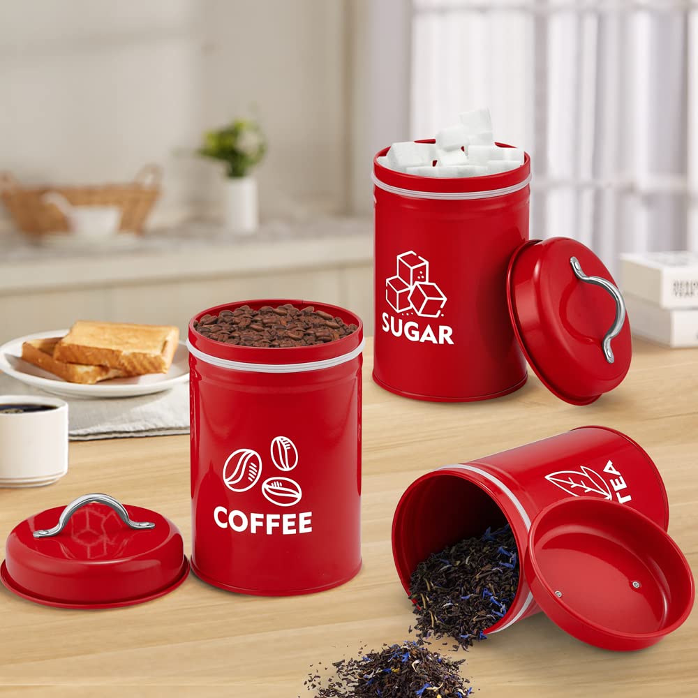 P&P Chef Red Canisters Set Of 3, Metal Kitchen Canister With Lid Set For Sugar Tea Coffee, Food Storage Jars, Vintage Farmhouse