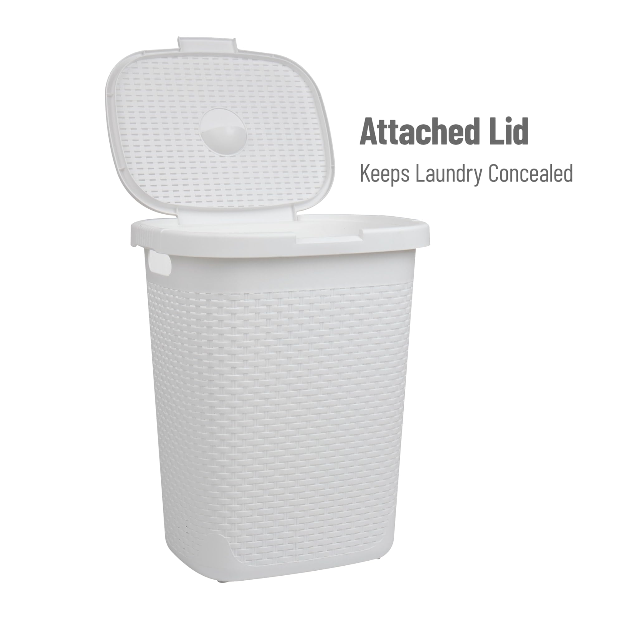 Mind Reader 50L Slim Laundry Hamper, Clothes Basket, Lid, Wicker Design, Plastic, 17.65''L X 13.75''W X 21''H, White