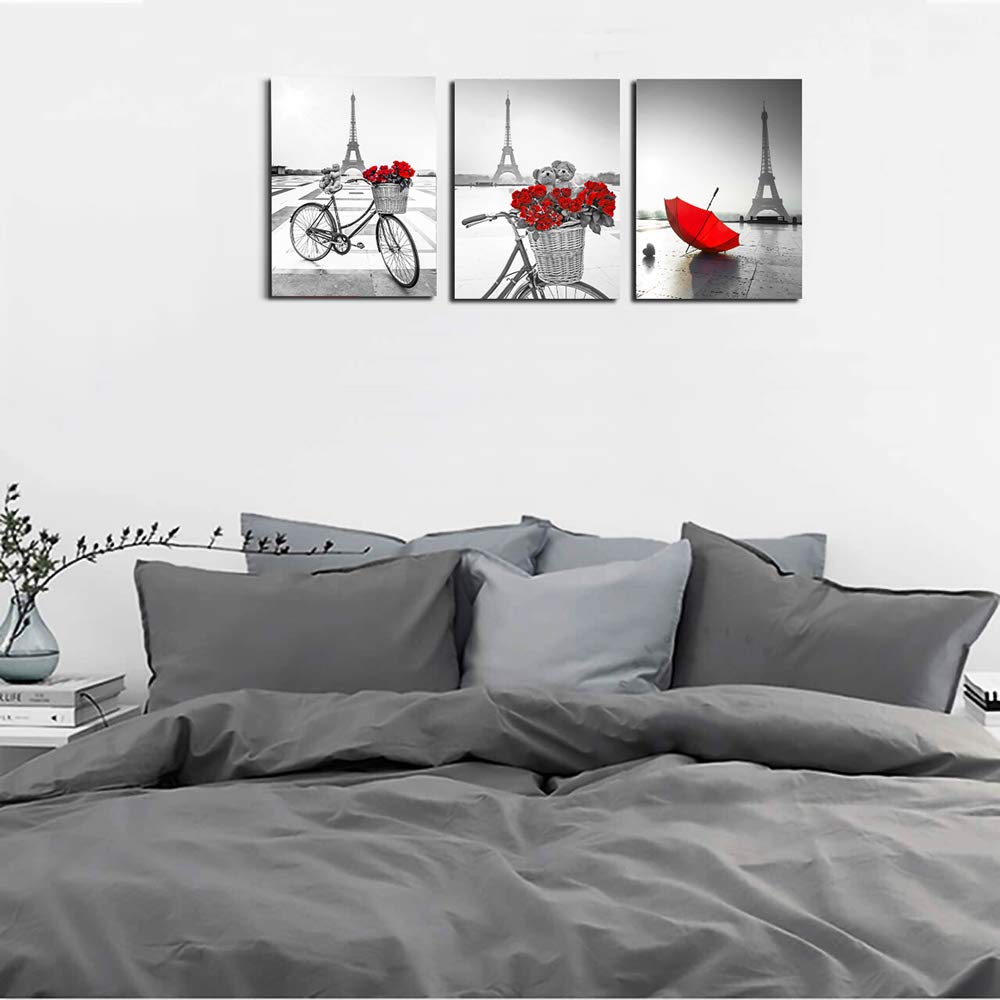 Red Flowers 3 Piece Canvas Print Wall Art For Living Room Bathroom Decorations Bedroom Wall Decor Modern Eiffel Tower Umbrella O