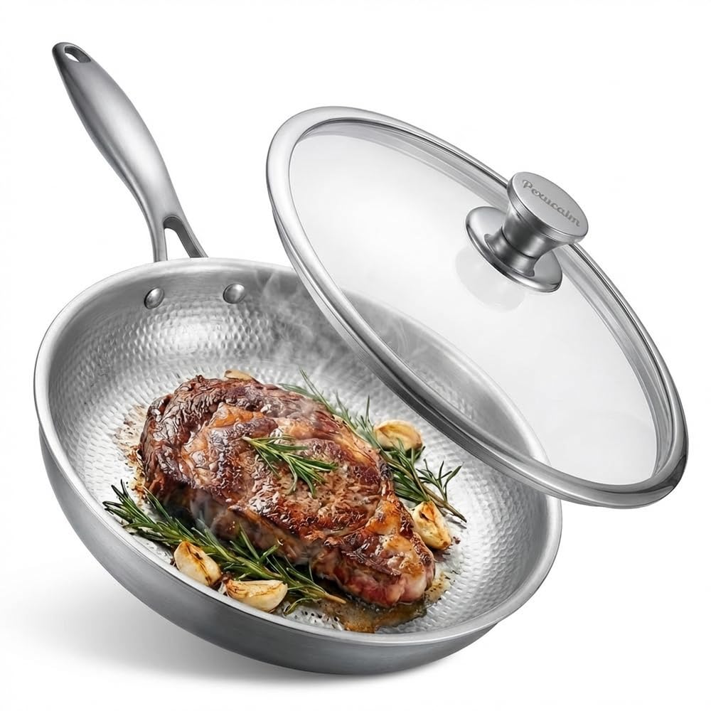 11.8 Titanium Frying Pan with Lid, 3Ply NonStick Hammered Skillet